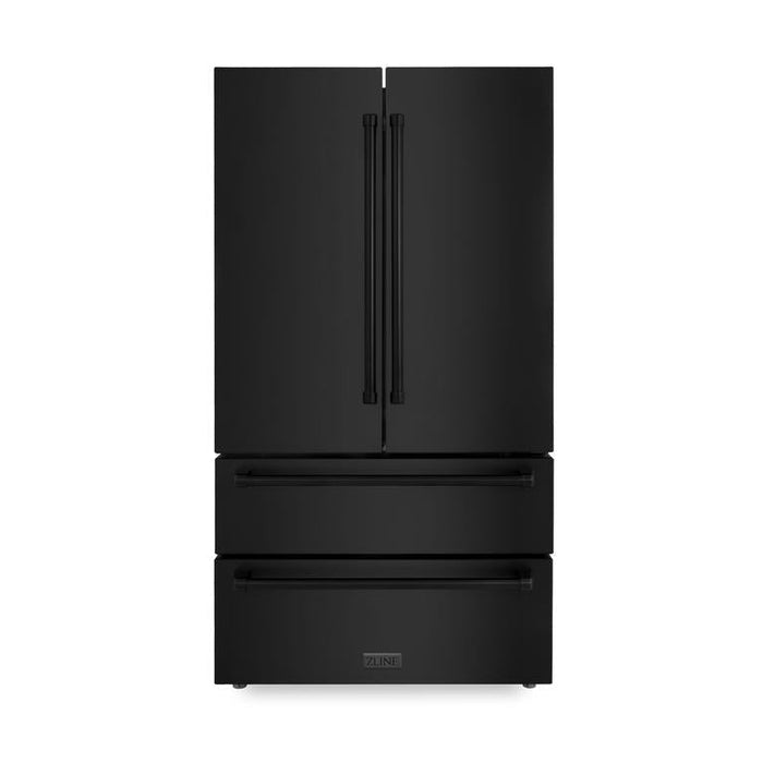 ZLINE Appliance Package - 36 in. Gas Range, Range Hood, Microwave Drawer, Refrigerator in Black Stainless, 4KPR-RGBRH36-MW