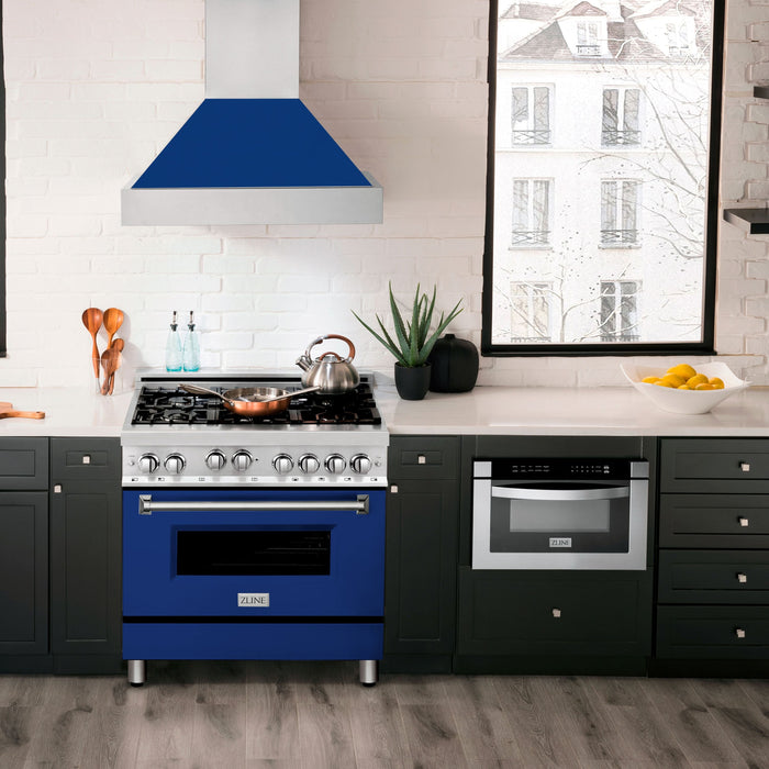 ZLINE 36" All Gas Range in Stainless Steel with Blue Gloss Door, RG-BG-36