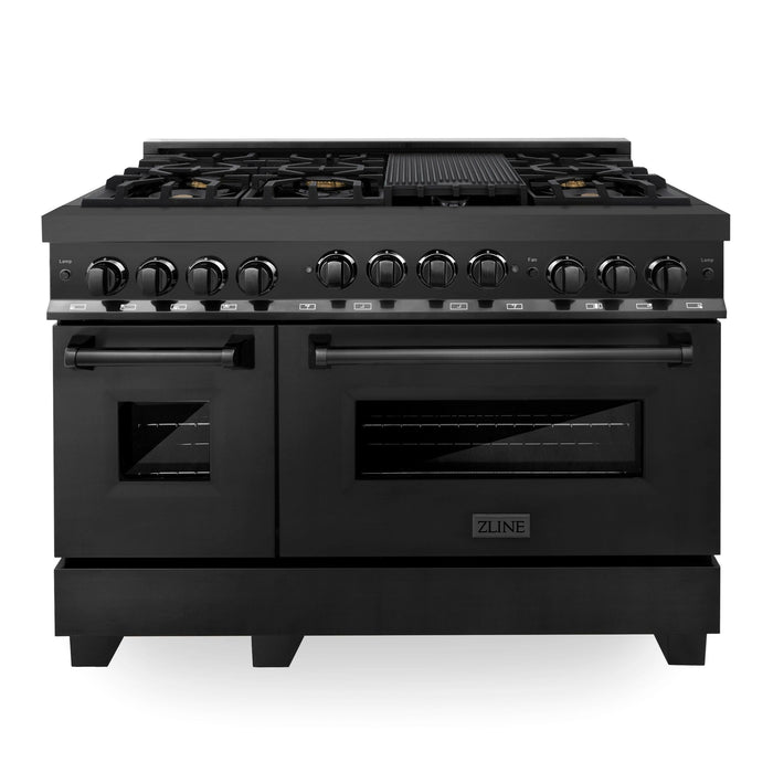 ZLINE Kitchen Appliance Package - 48 In. Gas Range with Brass Burners, Range Hood and Microwave Oven in Black Stainless Steel, 3KP-RGBRHMWO-48