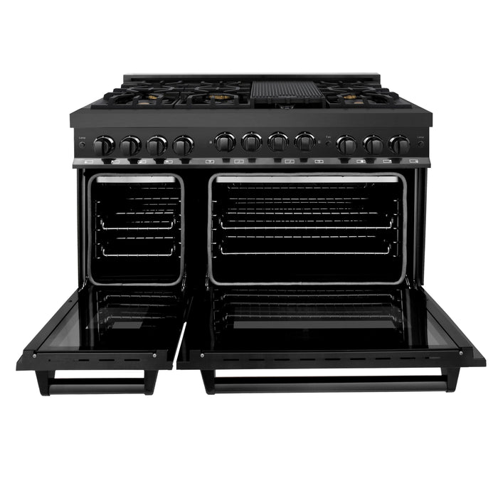 ZLINE Kitchen Appliance Package - 48 In. Gas Range with Brass Burners, Range Hood and Microwave Oven in Black Stainless Steel, 3KP-RGBRHMWO-48