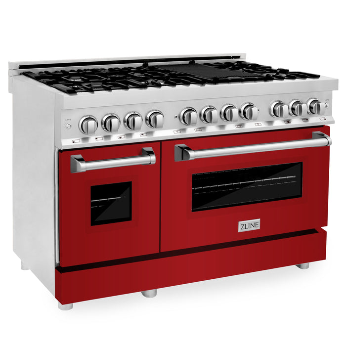 ZLINE 48" All Gas Range in DuraSnow® Stainless Steel with Red Gloss Doors, RGS-RG-48