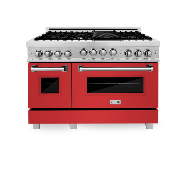 ZLINE 48" All Gas Range in DuraSnow® Stainless Steel with Red Matte Doors, RGS-RM-48