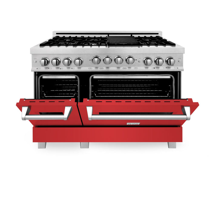 ZLINE 48" All Gas Range in DuraSnow® Stainless Steel with Red Matte Doors, RGS-RM-48