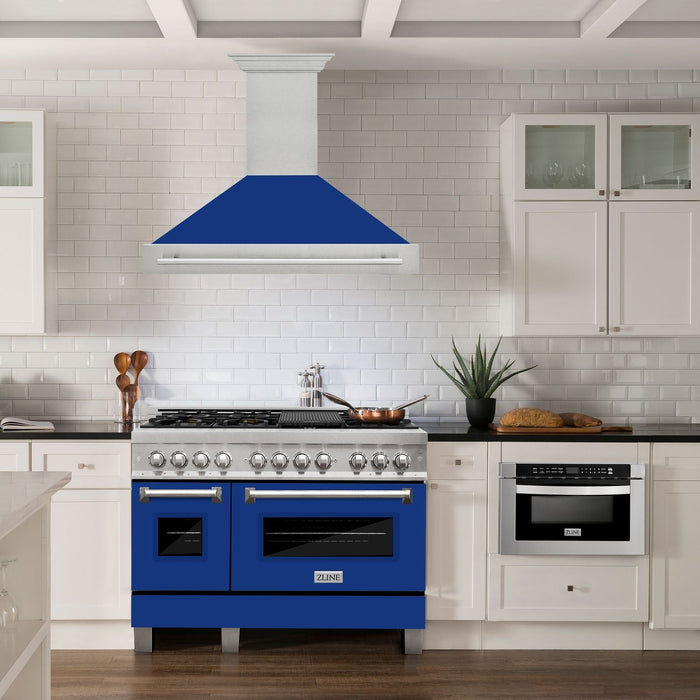 ZLINE 48" Wall Mount Range Hood in DuraSnow® Stainless Steel with Blue Gloss Shell, 8654SNX-BG-48