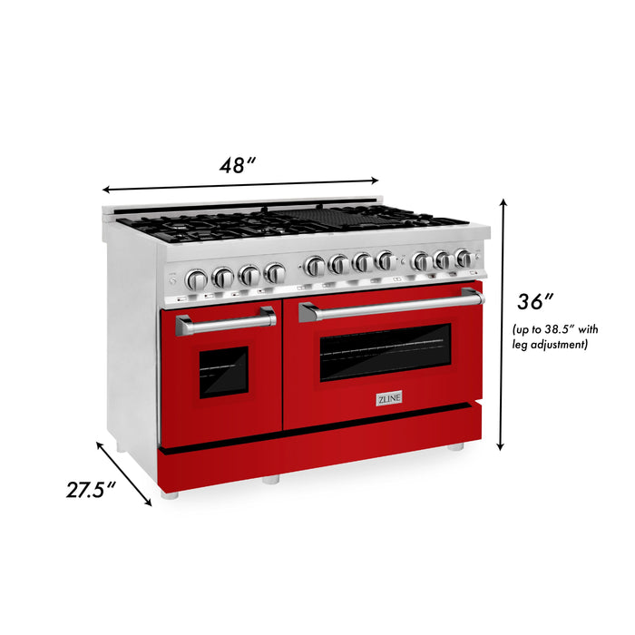 ZLINE 48" All Gas Range in Stainless Steel and Red Gloss Doors, RG-RG-48