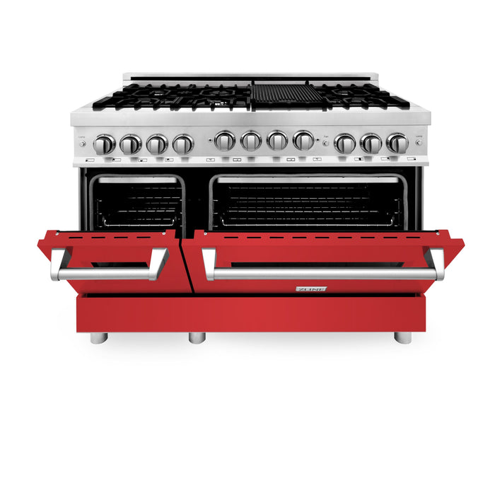 ZLINE 48" All Gas Range in Stainless Steel and Red Matte Doors, RG-RM-48