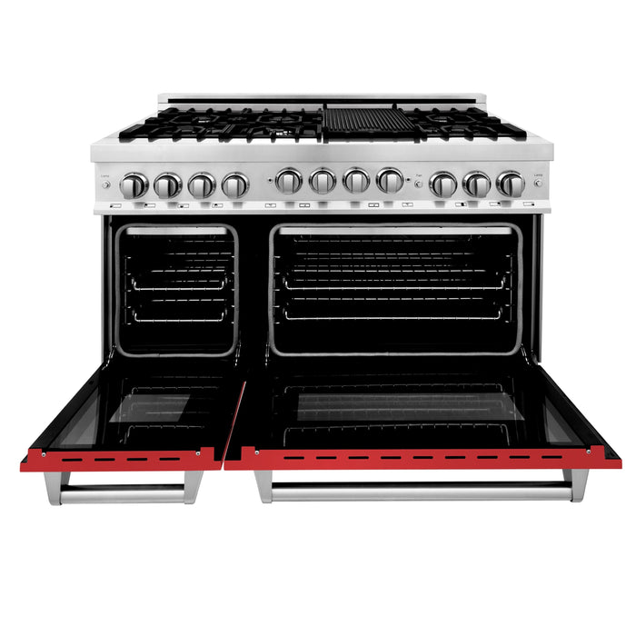 ZLINE 48" All Gas Range in Stainless Steel and Red Matte Doors, RG-RM-48