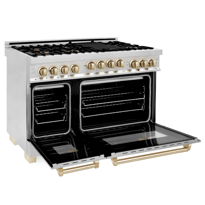 ZLINE Autograph Package - 48 in. Gas Range, Range Hood, 3 Rack Dishwasher, Refrigerator with Gold Accents - 4AKPR-RGRHDWM48-G