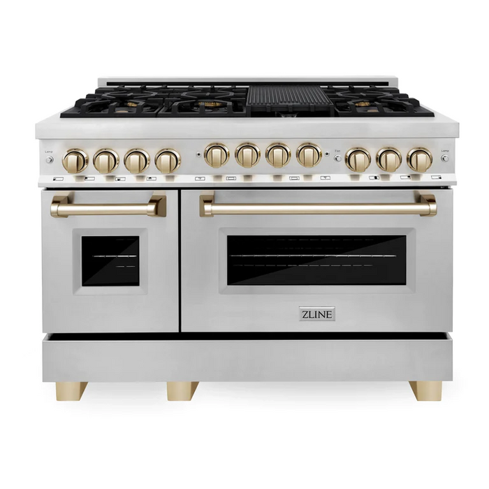 ZLINE Autograph Package - 48 in. Gas Range, Range Hood, 3 Rack Dishwasher, Refrigerator with Gold Accents - 4AKPR-RGRHDWM48-G