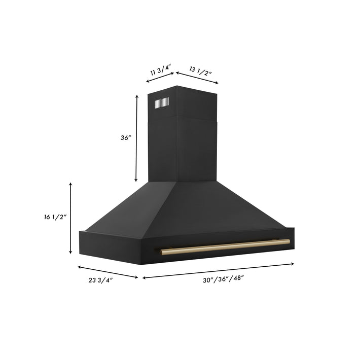 ZLINE 48" Autograph Edition Wall Mount Range Hood in Black Stainless Steel with Champagne Bronze Handle, BS655Z-48-CB