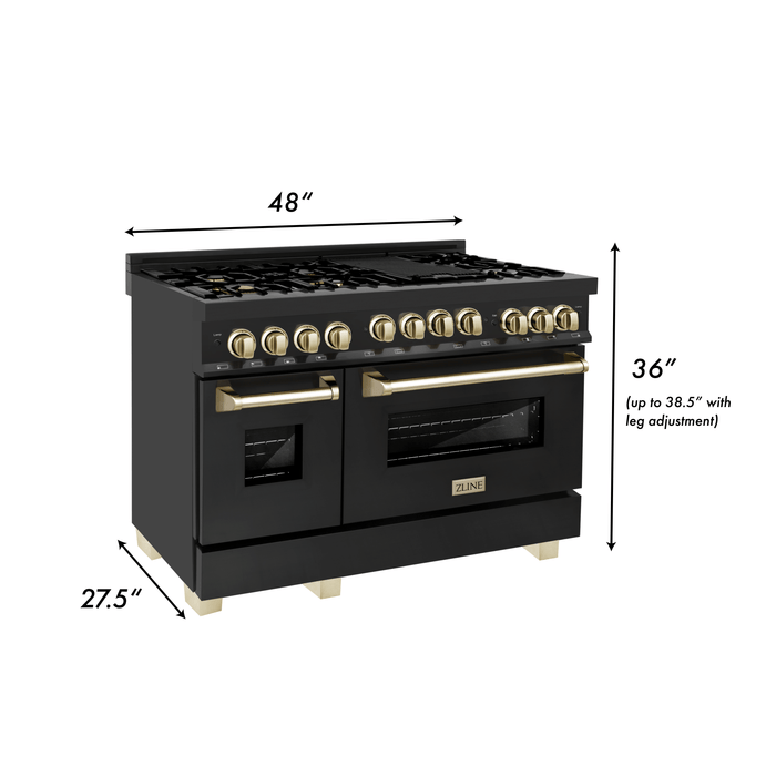 ZLINE 48" Autograph Edition All Gas Range in Black Stainless Steel with Gold Accents, RGBZ-48-G