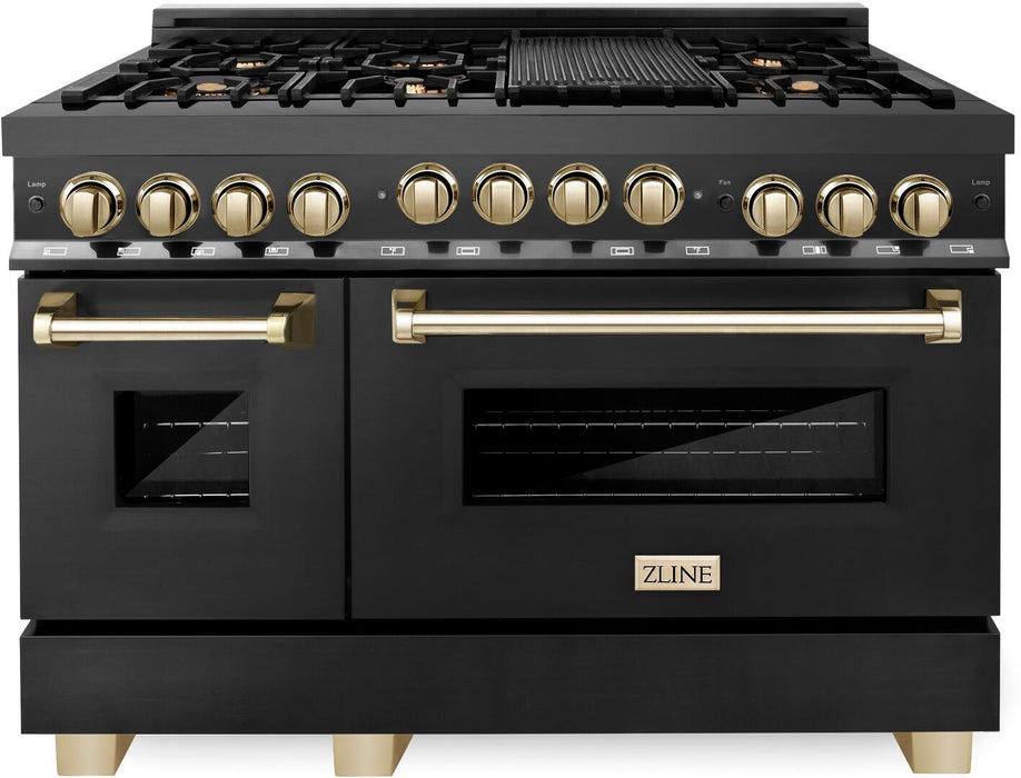 ZLINE 48" Autograph Edition All Gas Range in Black Stainless Steel with Gold Accents, RGBZ-48-G