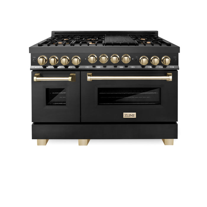 ZLINE 48" Autograph Edition All Gas Range in Black Stainless Steel with Gold Accents, RGBZ-48-G