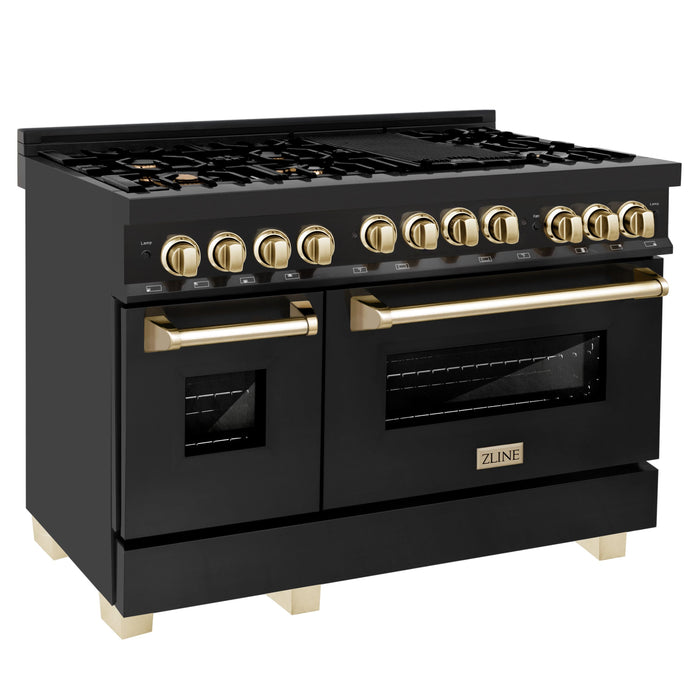 ZLINE 48" Autograph Edition All Gas Range in Black Stainless Steel with Gold Accents, RGBZ-48-G