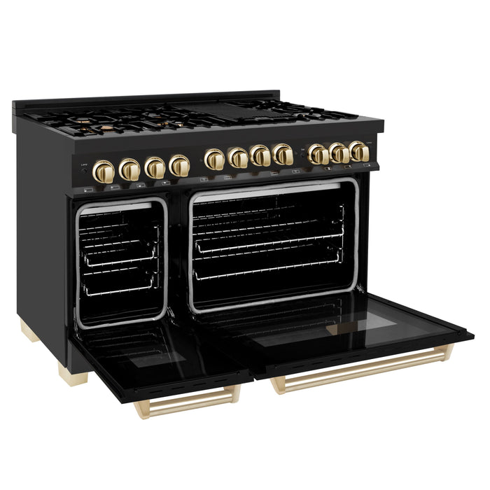 ZLINE 48" Autograph Edition All Gas Range in Black Stainless Steel with Gold Accents, RGBZ-48-G