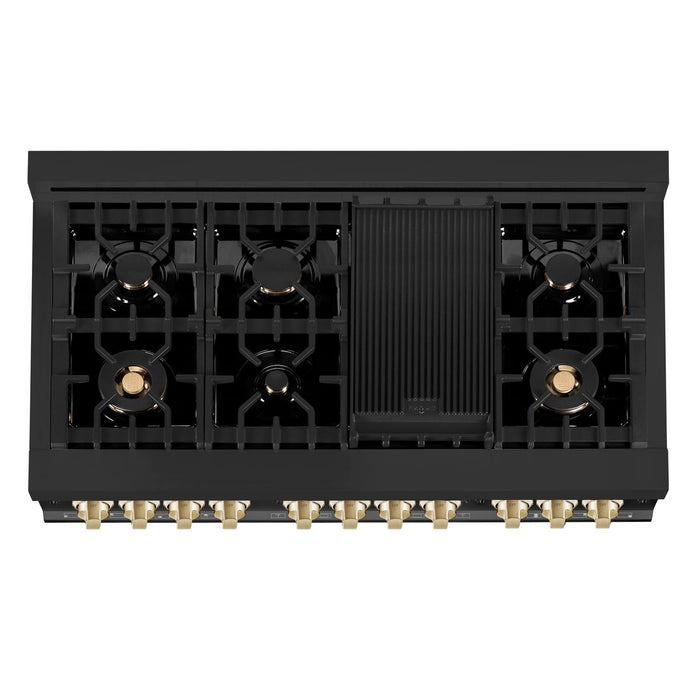 ZLINE 48" Autograph Edition All Gas Range in Black Stainless Steel with Gold Accents, RGBZ-48-G