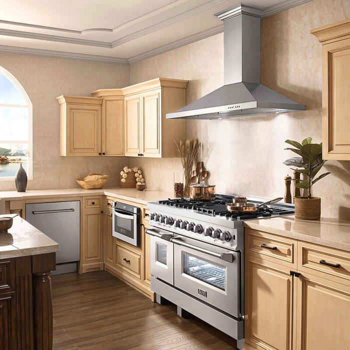 ZLINE Appliance Package - 48" Dual Fuel Range, Range Hood, Microwave, Dishwasher, Refrigerator with Water & Ice Dispenser