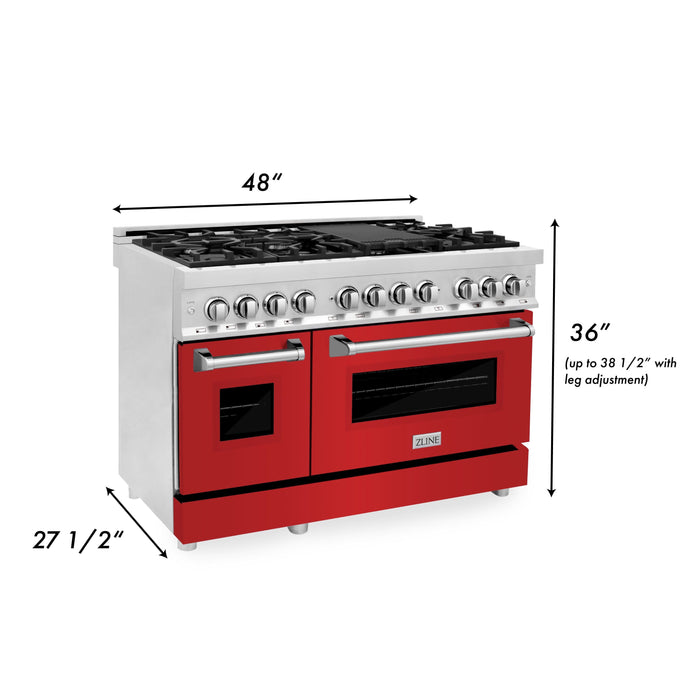 ZLINE 48" Dual Fuel Range in Stainless Steel with Red Matte Doors, RA-RM-48