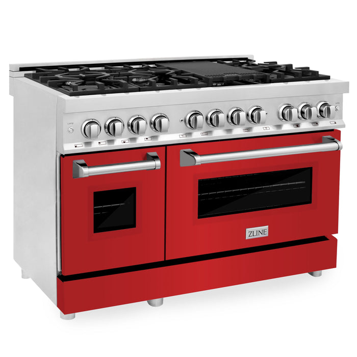 ZLINE 48" Dual Fuel Range in Stainless Steel with Red Matte Doors, RA-RM-48