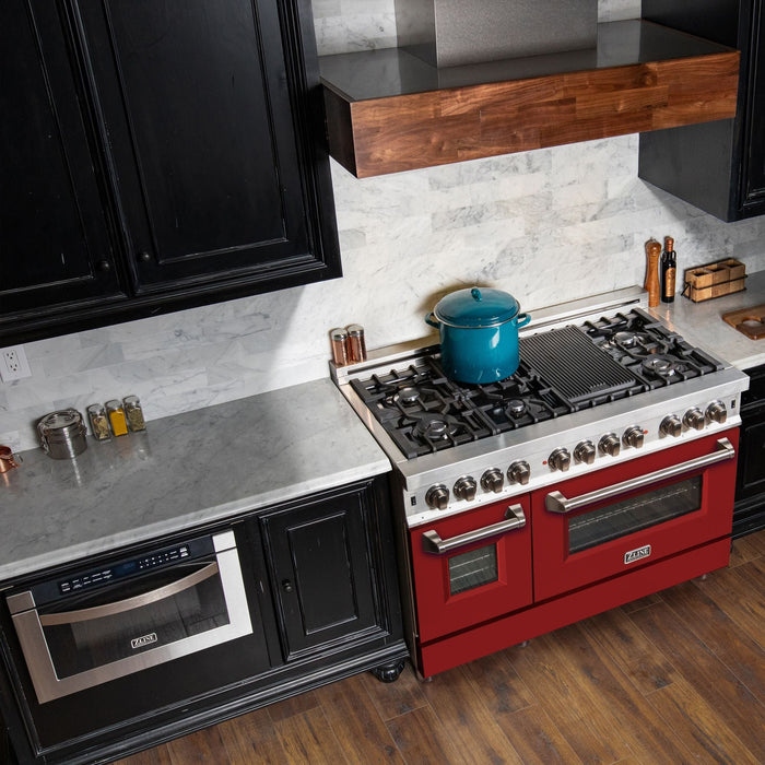 ZLINE 48" Dual Fuel Range in Stainless Steel with Red Matte Doors, RA-RM-48