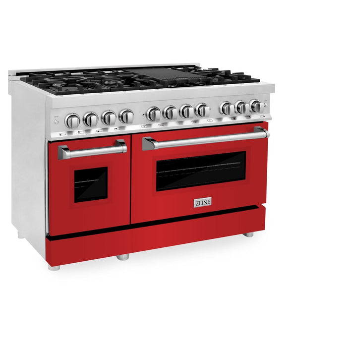 ZLINE 48" Dual Fuel Range in Stainless Steel with Red Matte Doors, RA-RM-48