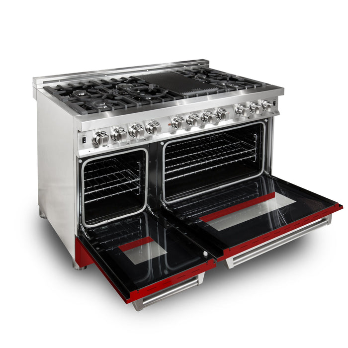 ZLINE 48" Dual Fuel Range in Stainless Steel with Red Matte Doors, RA-RM-48