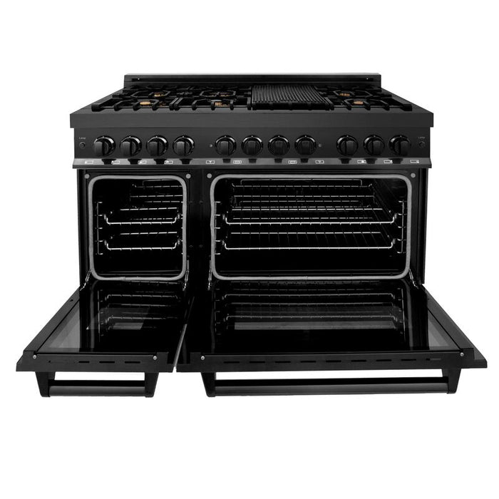 ZLINE Black Stainless Steel Appliance Package - 48 in. Dual Fuel Range, Range Hood, Microwave, 3KP-RABRH48-MW