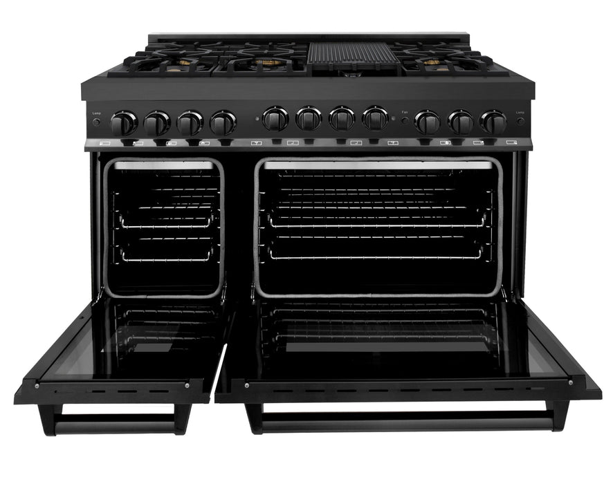 ZLINE 5-Piece Appliance Package - 48 In. Gas Range, Range Hood, Refrigerator, Microwave and Dishwasher in Black Stainless Steel, 5KPR-RGBRH48-MWDWV