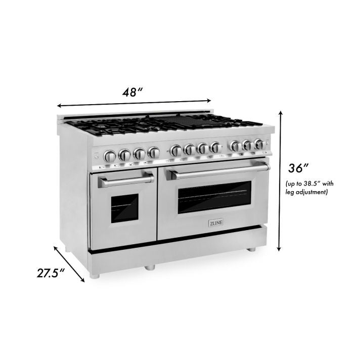 ZLINE Appliance Package - 48" Dual Fuel Range, Range Hood, Microwave, Dishwasher, Refrigerator with Water & Ice Dispenser