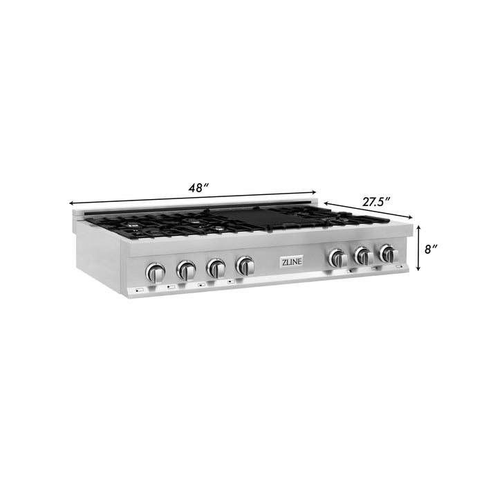 ZLINE 48" Rangetop with 7 Gas Burners & Griddle in Stainless Steel, RT48