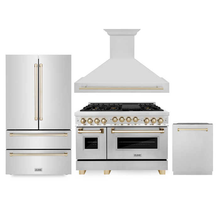 ZLINE Autograph Package - 48 in. Gas Range, Range Hood, 3 Rack Dishwasher, Refrigerator with Gold Accents - 4AKPR-RGRHDWM48-G