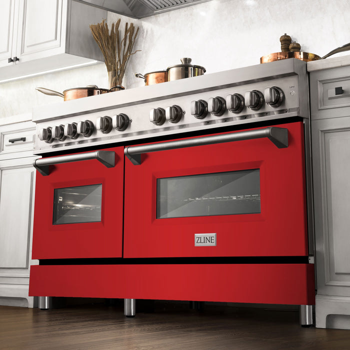 ZLINE 60" Dual Fuel Range in Stainless Steel with Red Matte Doors, RA-RM-60