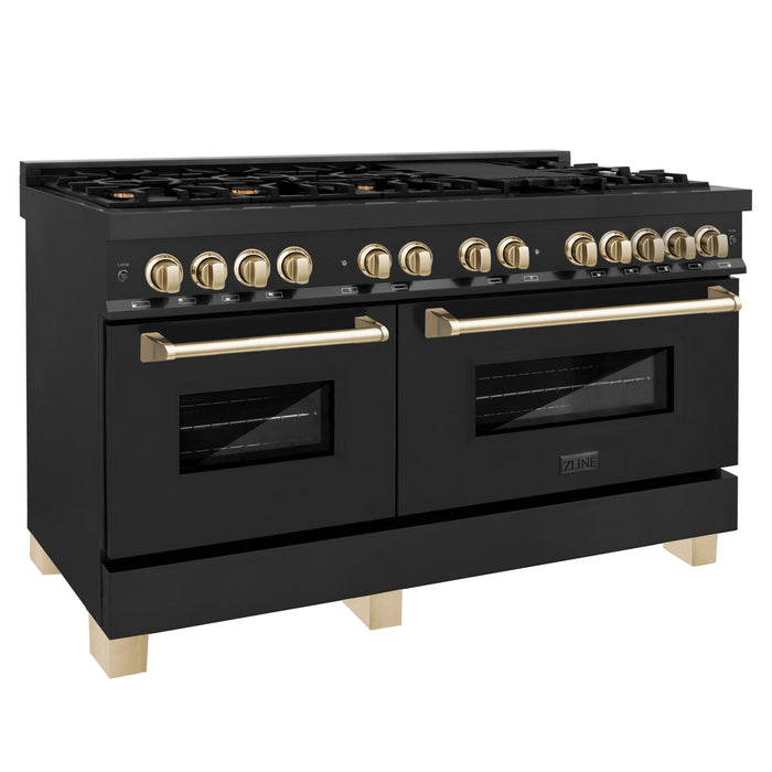 ZLINE 60" Autograph Edition Dual Fuel Range in Black Stainless Steel with Gold Accents, RABZ-60-G