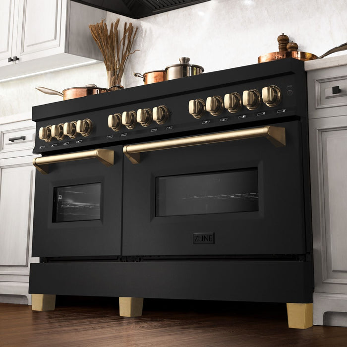 ZLINE 60" Autograph Edition Dual Fuel Range in Black Stainless Steel with Gold Accents, RABZ-60-G