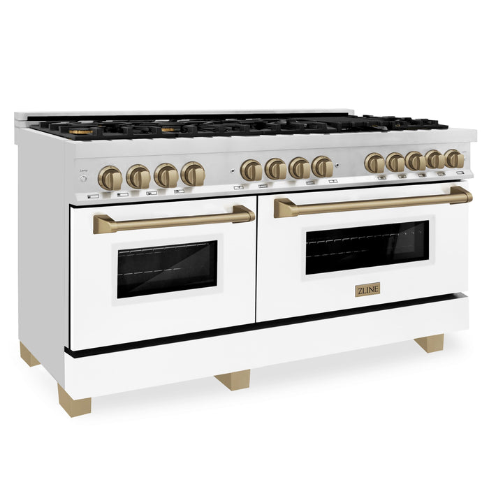 ZLINE 60" Autograph Edition Dual Fuel Range in Stainless Steel with White Matte Doors and Champagne Bronze Accents, RAZ-WM-60-CB