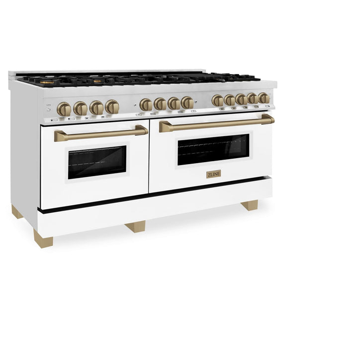 ZLINE 60" Autograph Edition Dual Fuel Range in Stainless Steel with White Matte Doors and Champagne Bronze Accents, RAZ-WM-60-CB