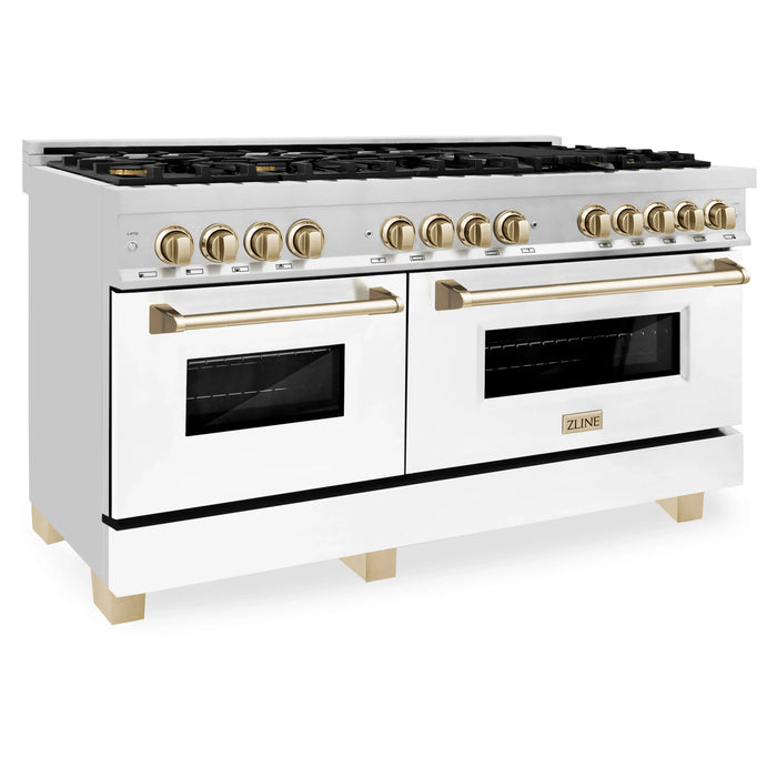 ZLINE 60" Autograph Edition Dual Fuel Range in Stainless Steel with White Matte Doors and Gold Accents, RAZ-WM-60-G