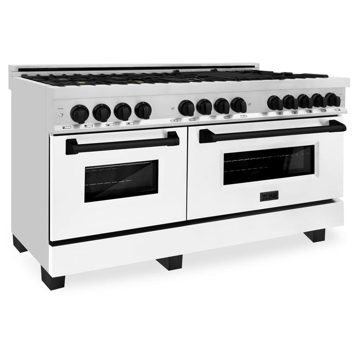 ZLINE 60" Autograph Edition Dual Fuel Range in Stainless Steel with White Matte Doors and Matte Black Accents, RAZ-WM-60-MB