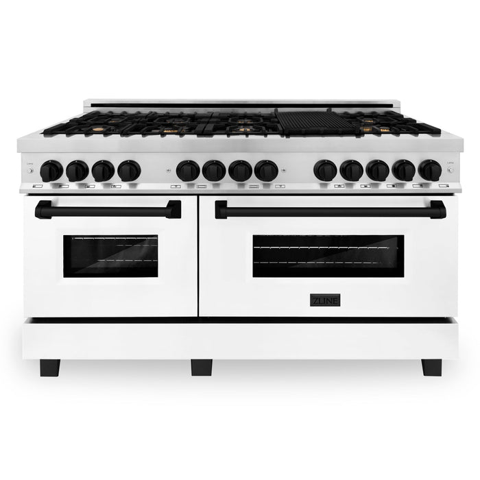 ZLINE 60" Autograph Edition Dual Fuel Range in Stainless Steel with White Matte Doors and Matte Black Accents, RAZ-WM-60-MB