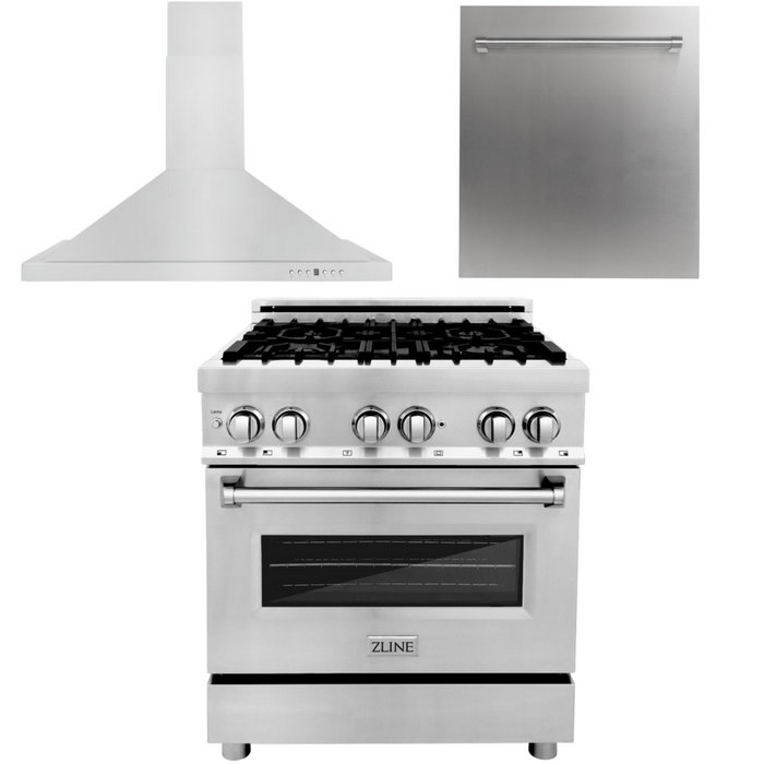 ZLINE Appliance Package - 30 in. Dual Fuel Range, 30 in. Range Hood, Dishwasher, 3KP-RARH30-DW