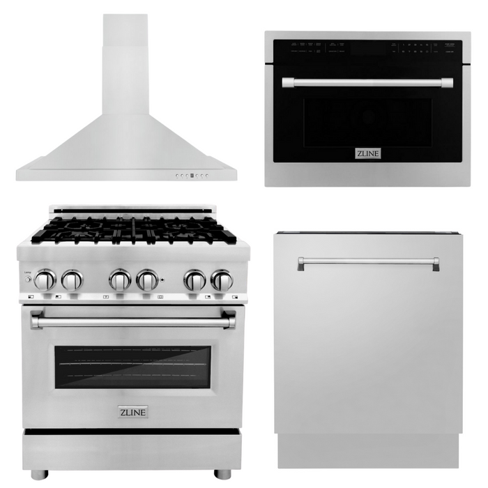 ZLINE Appliance Package - 30 in. Gas Range, 30 in. Range Hood, Microwave Oven, 3 Rack Dishwasher, 4KP-RGRH30-MODWV