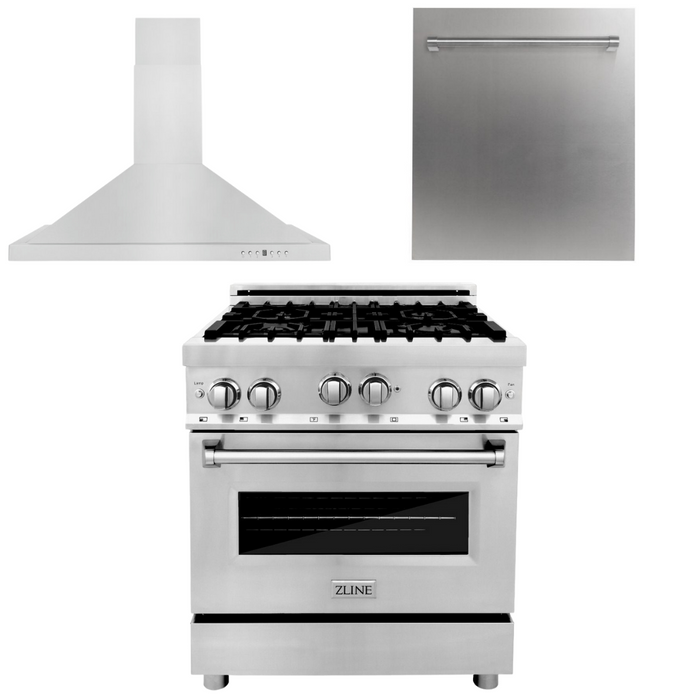 ZLINE Appliance Package - 30 in. Gas Range, Range Hood, Dishwasher, 3KP-RGRH30-DW