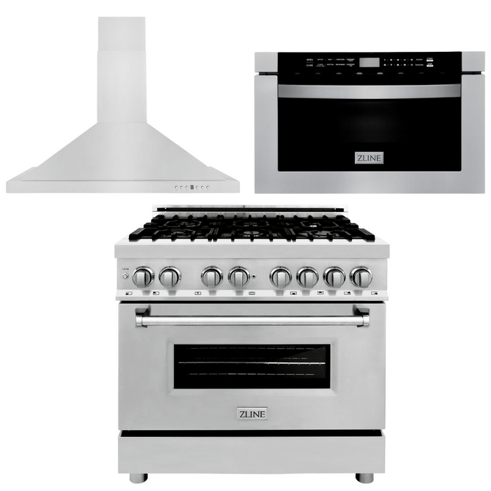 ZLINE Appliance Package - 36 in. Dual Fuel Range, Range Hood, Microwave Drawer, 3KP-RARH36-MW