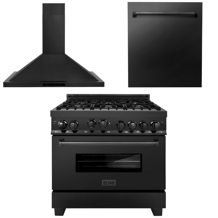 ZLINE Appliance Package - 36 in. Gas Range, Range Hood, Dishwasher - Black Stainless Steel, 3KP-RGBRH36-DW