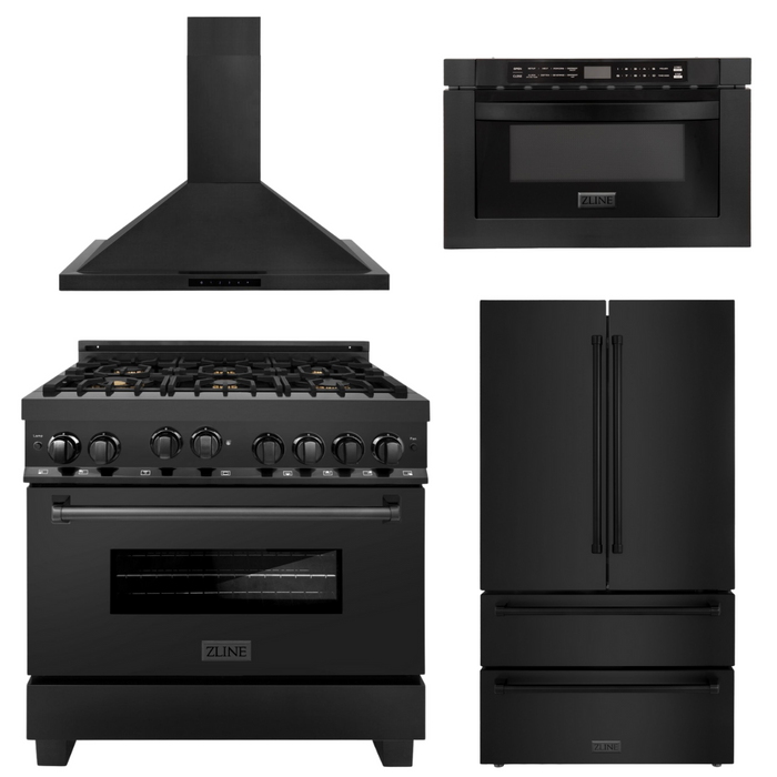 ZLINE Appliance Package - 36 in. Gas Range, Range Hood, Microwave Drawer, Refrigerator in Black Stainless, 4KPR-RGBRH36-MW