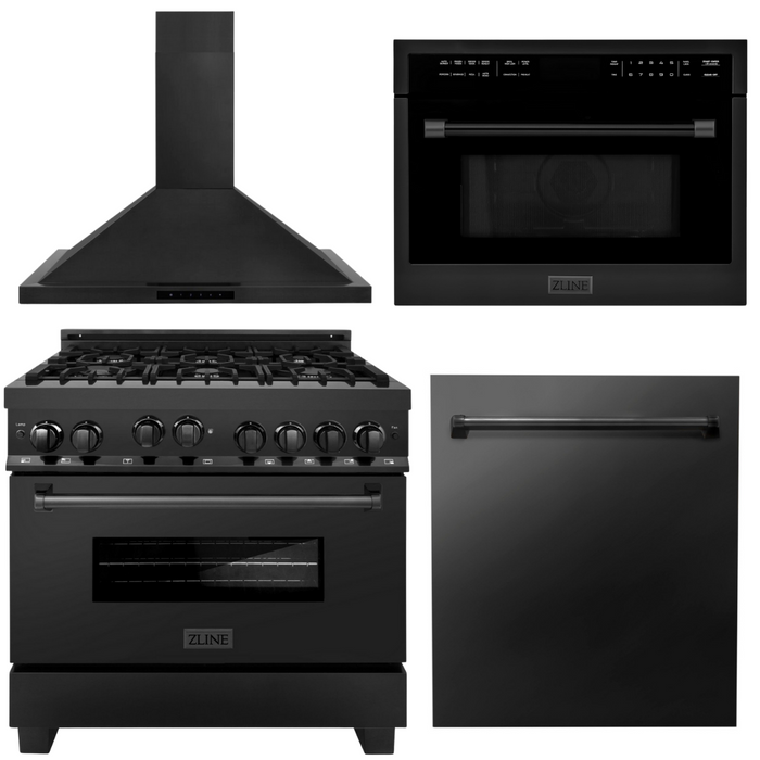 ZLINE Appliance Package - 36 in. Gas Range, Range Hood, Microwave Oven, Dishwasher - Black Stainless Steel, 4KP-RGBRH36-MODW