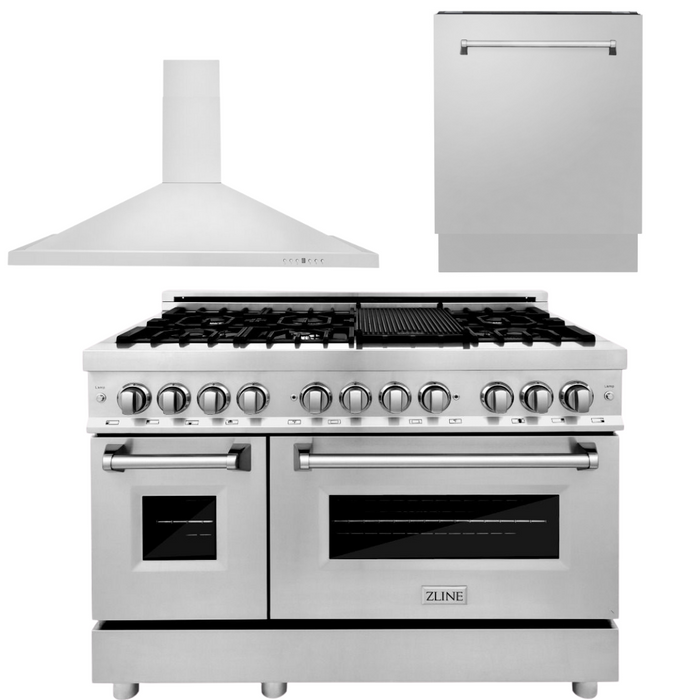 ZLINE Appliance Package - 48 In. Dual Fuel Range, Range Hood, 3 Rack Dishwasher, 3KP-RARH48-DWV