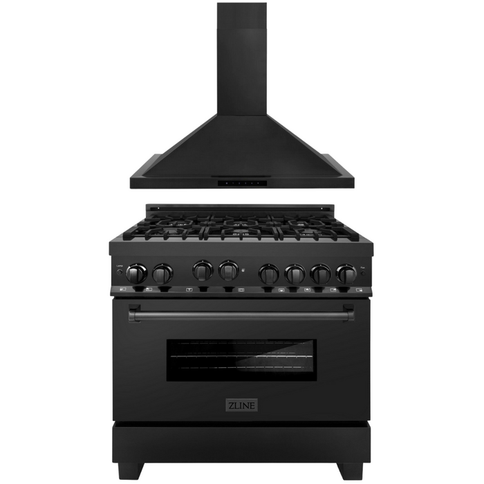 ZLINE Appliance Package 36 in. Gas Range, 36 in. Range Hood - Black Stainless, 2KP-RGBRH36