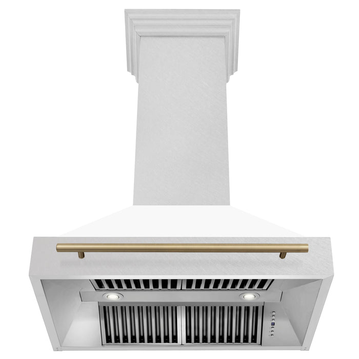 ZLINE 36" Autograph Edition Wall Mount Range Hood in  DuraSnow® Stainless Steel with White Matte Shell and Champagne Bronze Handle, 8654SNZ-WM36-CB