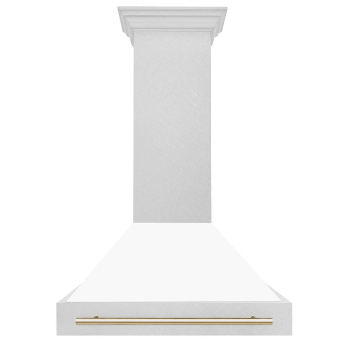 ZLINE 36" Autograph Edition Wall Mount Range Hood in DuraSnow® Stainless Steel with White Matte Shell and Gold Handle, 8654SNZ-WM36-G